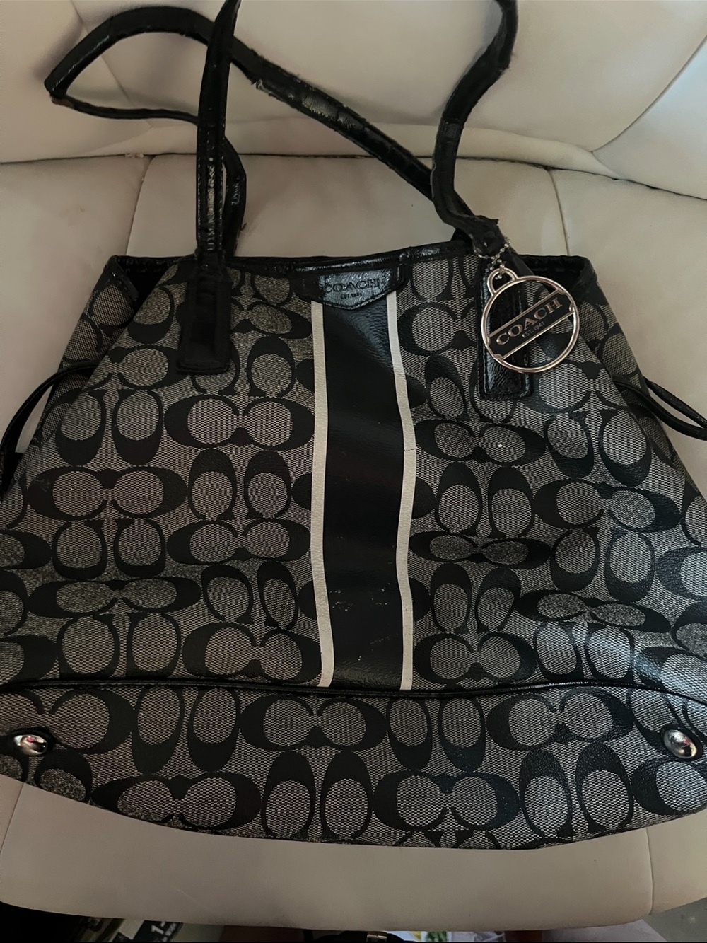 Coach Signature Stripe Tote Bag Black & Gray Canvas Purse